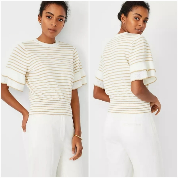 Ann Taylor New Coastal Striped Linen Blend Ruffle Sleeve Knit Top Size Large - Picture 1 of 13